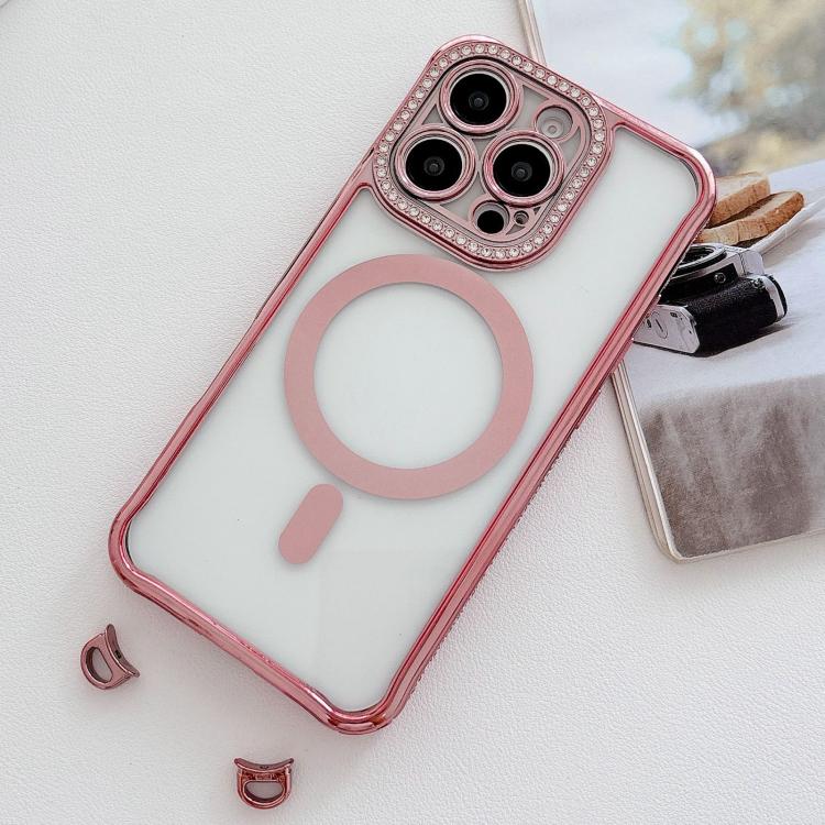 For iPhone 16 Rhinestone Clear Acrylic Electroplated Magnetic Phone Case
