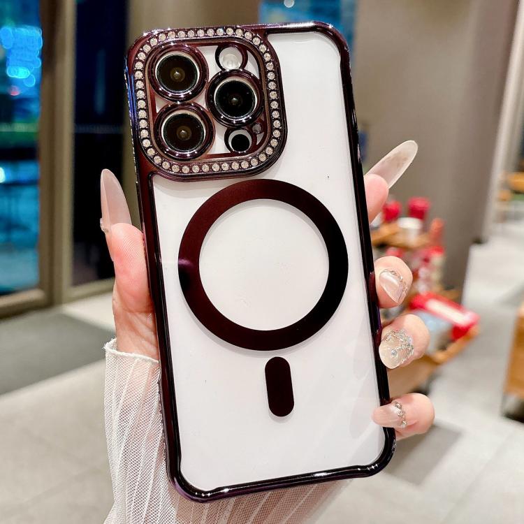 For iPhone 14 / 13 Rhinestone Clear Acrylic Electroplated Magnetic Phone Case