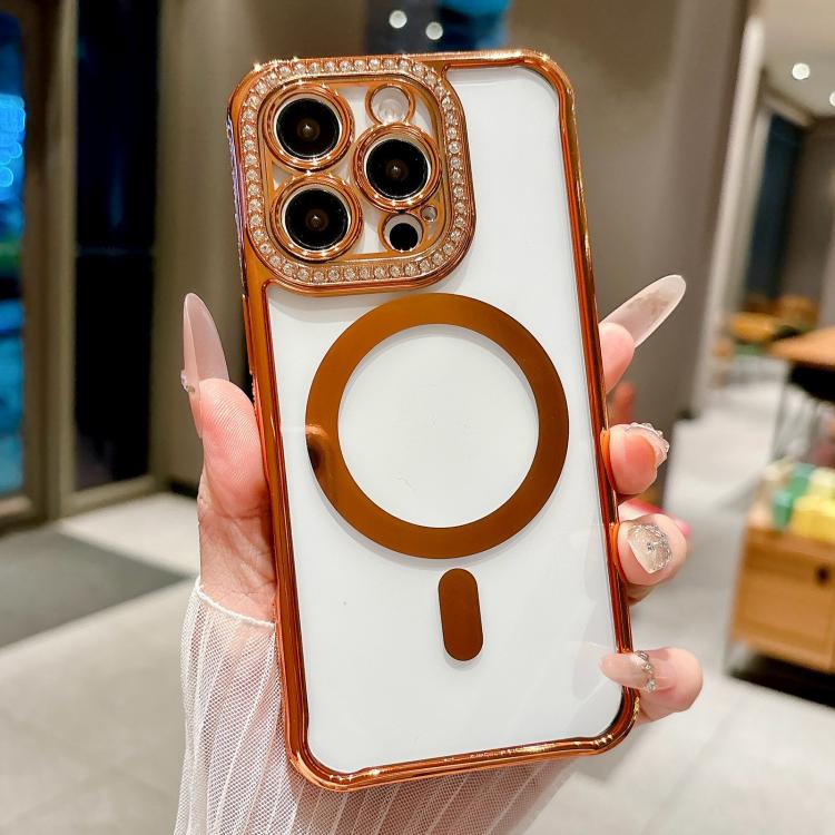 For iPhone 14 Pro Rhinestone Clear Acrylic Electroplated Magnetic Phone Case