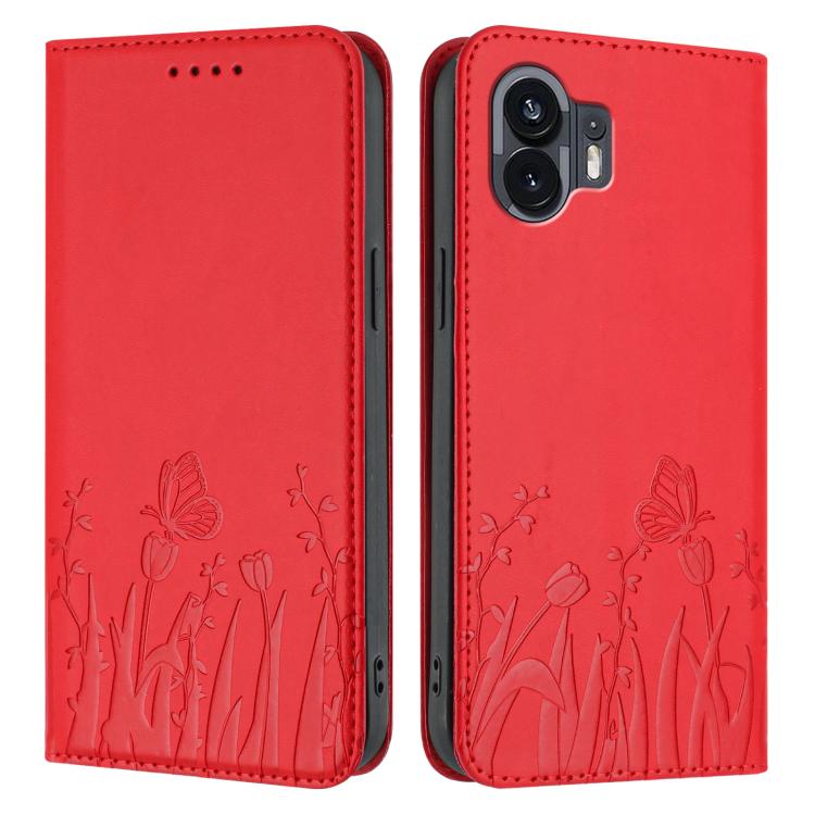 For Nothing Phone 2 Tulips Butterfly Pattern Magnetic Vegan Leather Phone Case