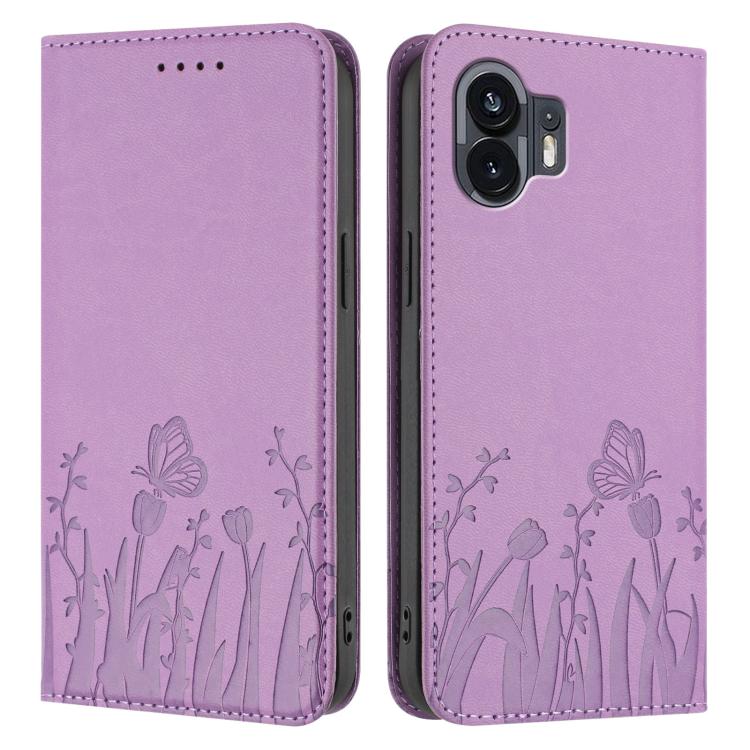 For Nothing Phone 2 Tulips Butterfly Pattern Magnetic Vegan Leather Phone Case