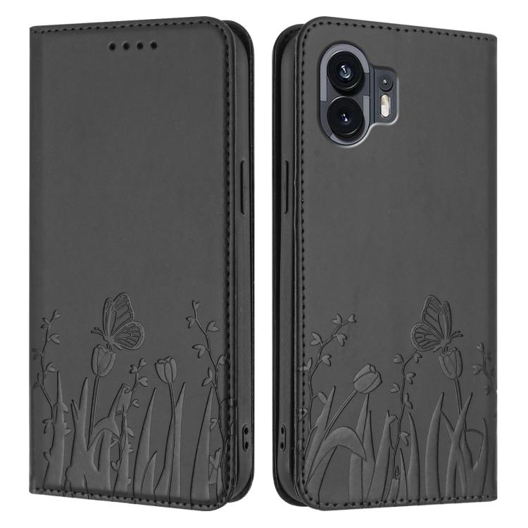 For Nothing Phone 2 Tulips Butterfly Pattern Magnetic Vegan Leather Phone Case