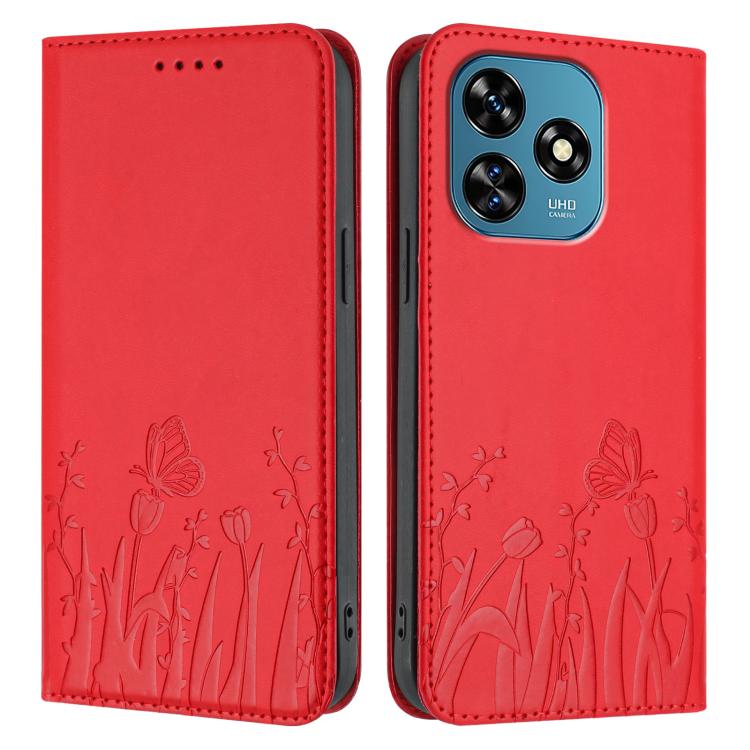 For Oukitel C51 Tulips Butterfly Pattern Magnetic Vegan Leather Phone Case