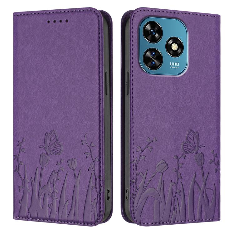 For Oukitel C51 Tulips Butterfly Pattern Magnetic Vegan Leather Phone Case