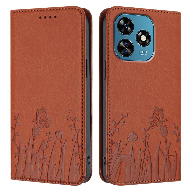 For Oukitel C51 Tulips Butterfly Pattern Magnetic Vegan Leather Phone Case
