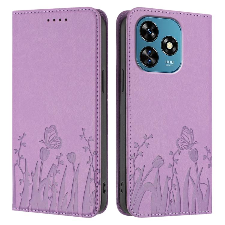 For Oukitel C51 Tulips Butterfly Pattern Magnetic Vegan Leather Phone Case