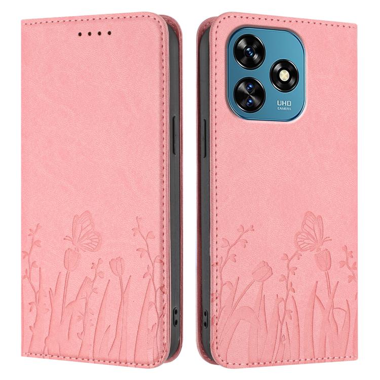 For Oukitel C51 Tulips Butterfly Pattern Magnetic Vegan Leather Phone Case