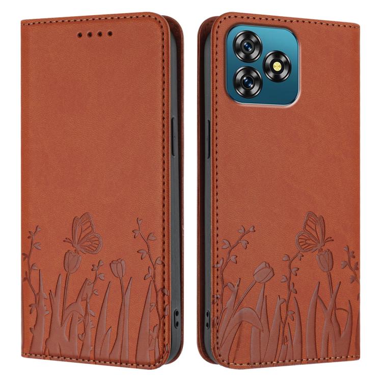 For Oukitel C53 Tulips Butterfly Pattern Magnetic Vegan Leather Phone Case