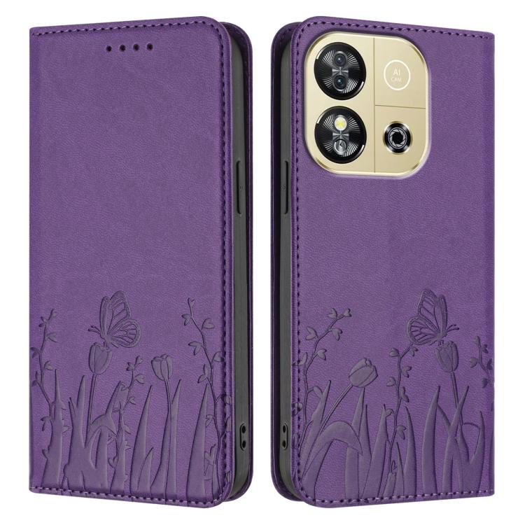 For Oukitel C57s Tulips Butterfly Pattern Magnetic Vegan Leather Phone Case