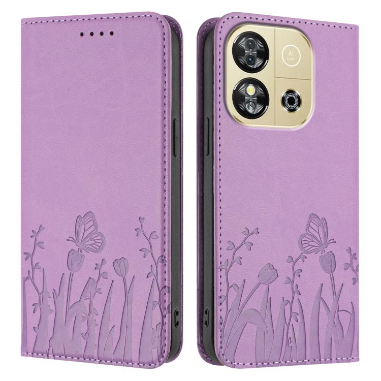 For Oukitel C57s Tulips Butterfly Pattern Magnetic Vegan Leather Phone Case