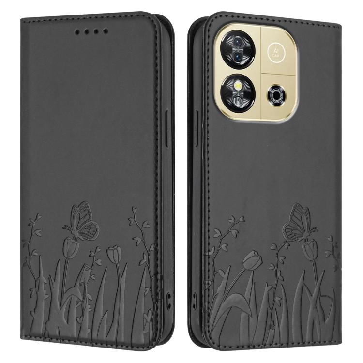 For Oukitel C57s Tulips Butterfly Pattern Magnetic Vegan Leather Phone Case