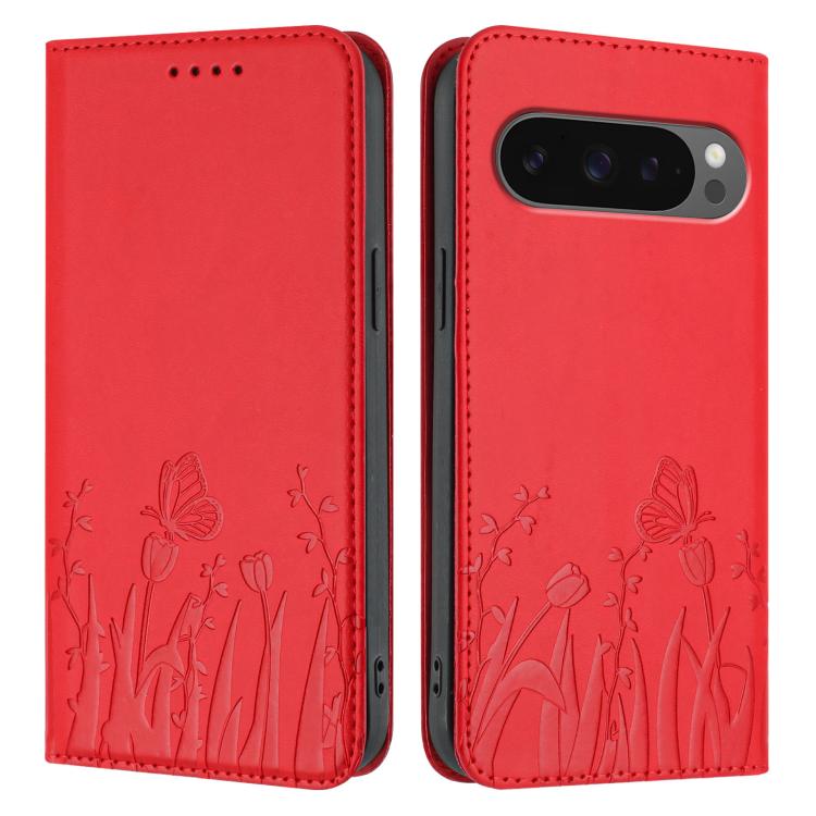 For Google Pixel 10 Pro XL Tulips Butterfly Pattern Magnetic Vegan Leather Phone Case