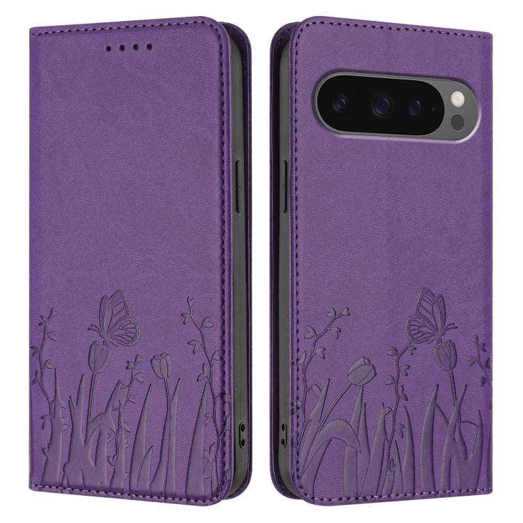 For Google Pixel 10 Pro XL Tulips Butterfly Pattern Magnetic Vegan Leather Phone Case