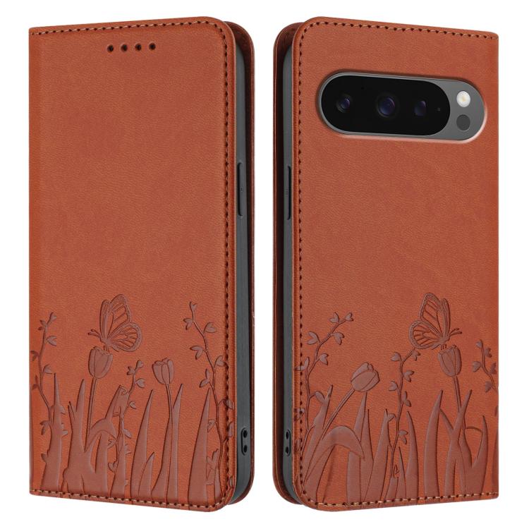 For Google Pixel 10 Pro XL Tulips Butterfly Pattern Magnetic Vegan Leather Phone Case