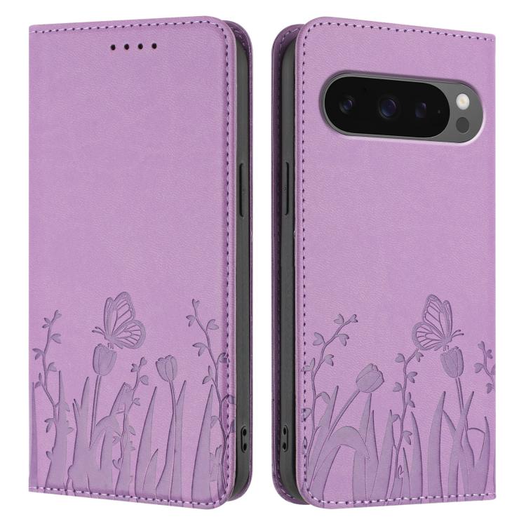For Google Pixel 10 Pro XL Tulips Butterfly Pattern Magnetic Vegan Leather Phone Case