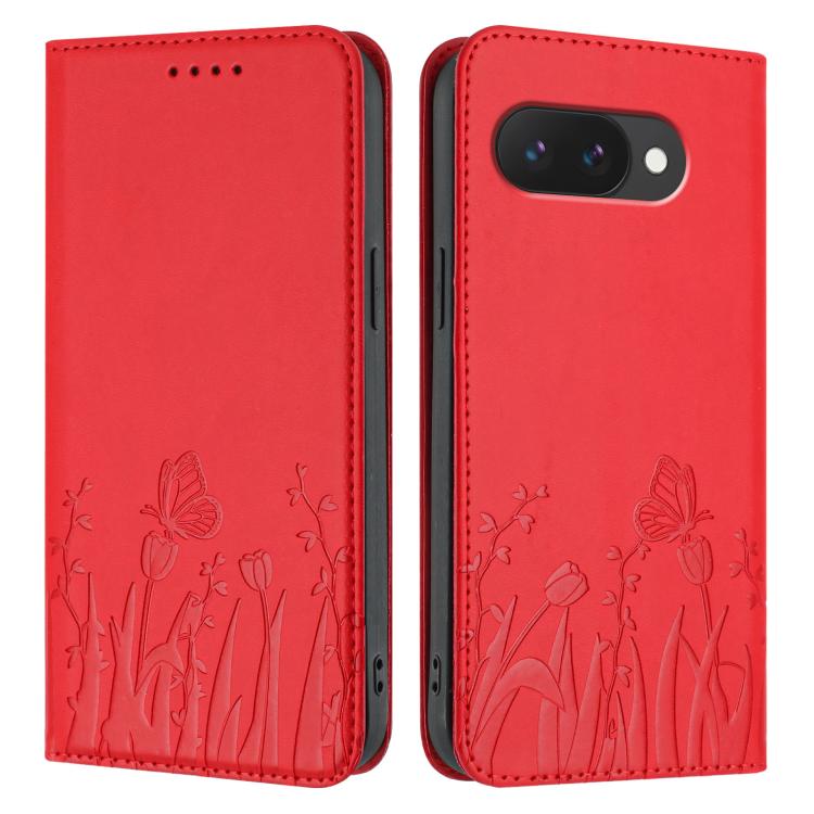 For Google Pixel 9a Tulips Butterfly Pattern Magnetic Vegan Leather Phone Case
