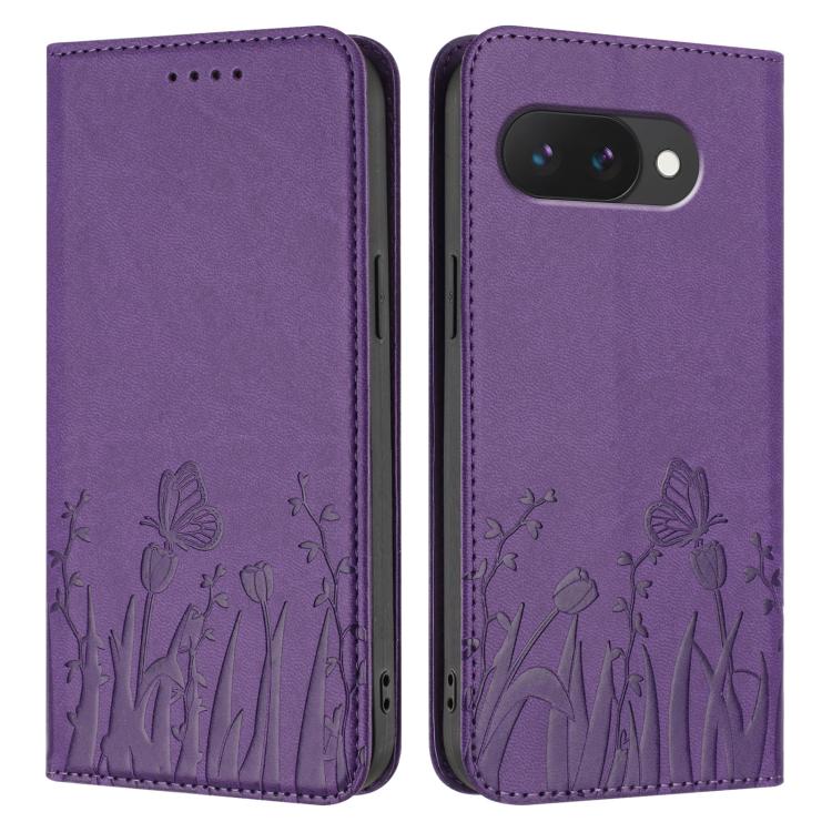 For Google Pixel 9a Tulips Butterfly Pattern Magnetic Vegan Leather Phone Case