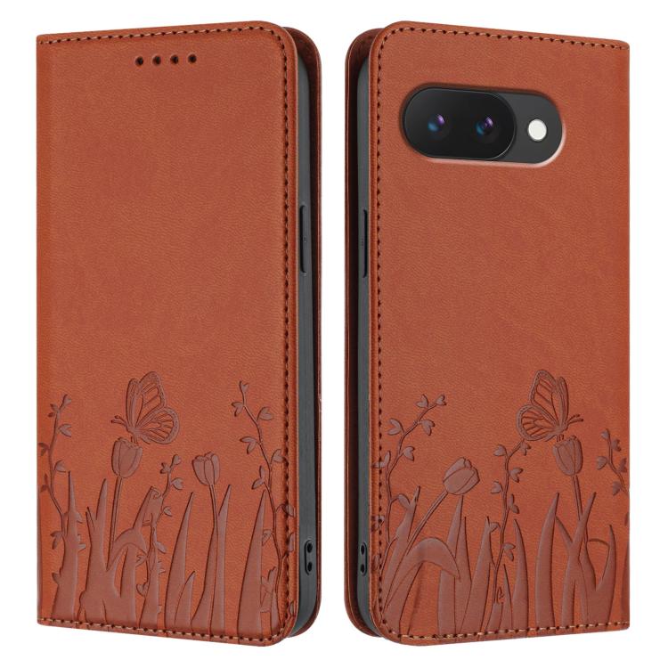 For Google Pixel 9a Tulips Butterfly Pattern Magnetic Vegan Leather Phone Case