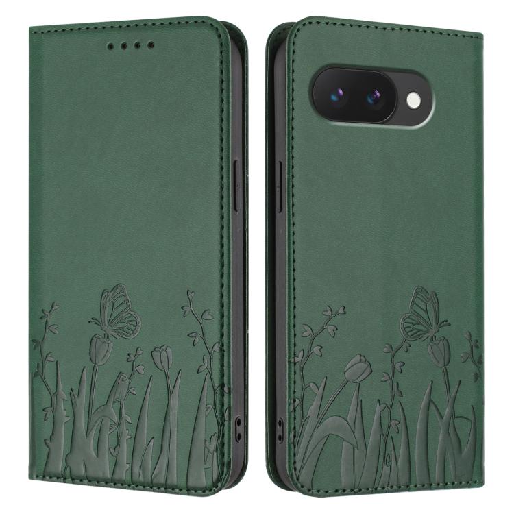 For Google Pixel 9a Tulips Butterfly Pattern Magnetic Vegan Leather Phone Case