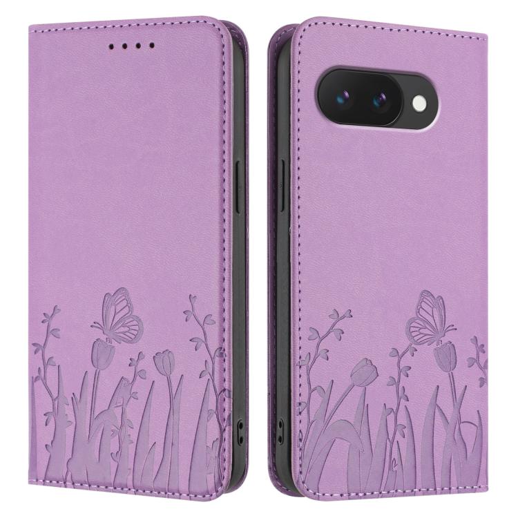 For Google Pixel 9a Tulips Butterfly Pattern Magnetic Vegan Leather Phone Case
