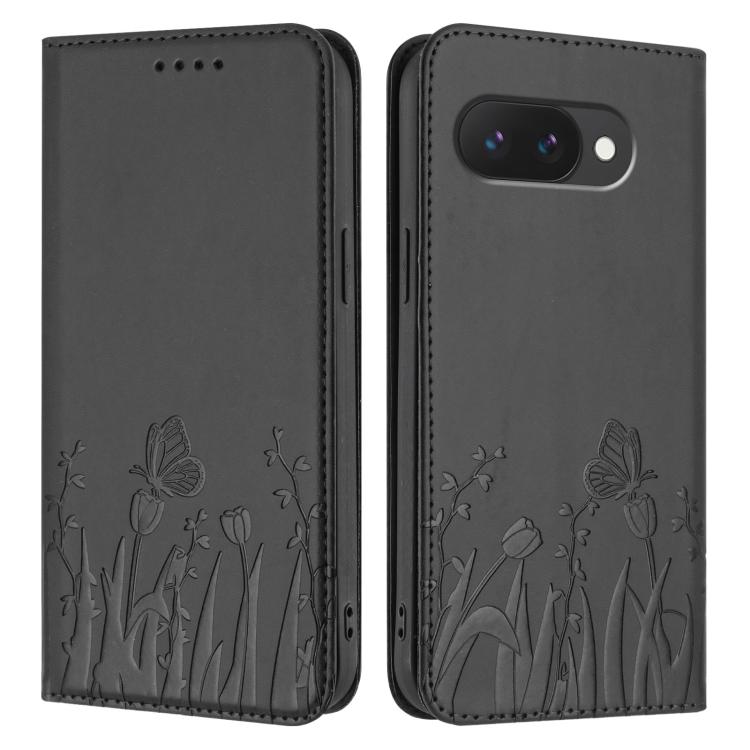 For Google Pixel 9a Tulips Butterfly Pattern Magnetic Vegan Leather Phone Case