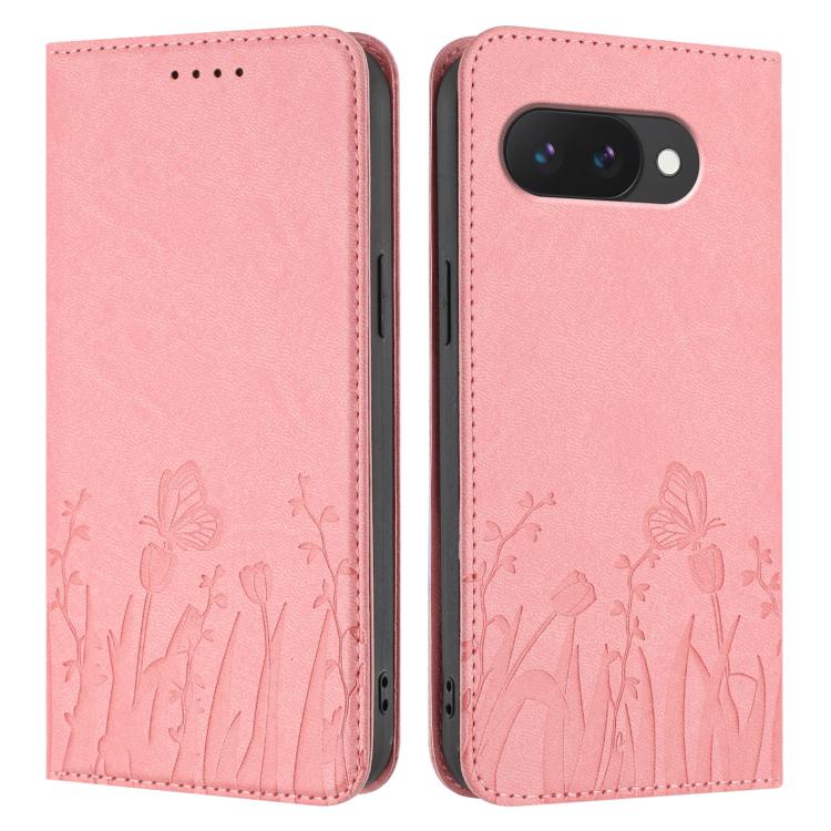 For Google Pixel 9a Tulips Butterfly Pattern Magnetic Vegan Leather Phone Case
