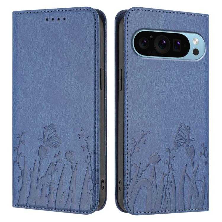 For Google Pixel 9 Pro XL Tulips Butterfly Pattern Magnetic Vegan Leather Phone Case