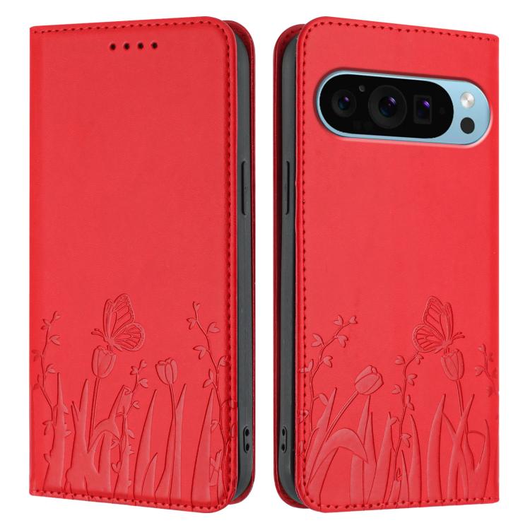 For Google Pixel 9 Pro XL Tulips Butterfly Pattern Magnetic Vegan Leather Phone Case