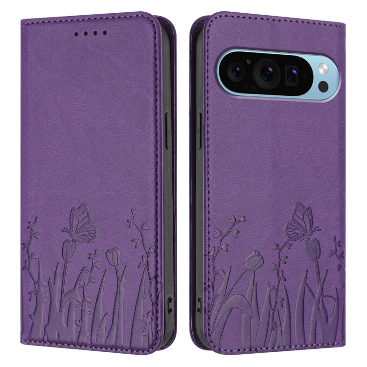For Google Pixel 9 Pro XL Tulips Butterfly Pattern Magnetic Vegan Leather Phone Case
