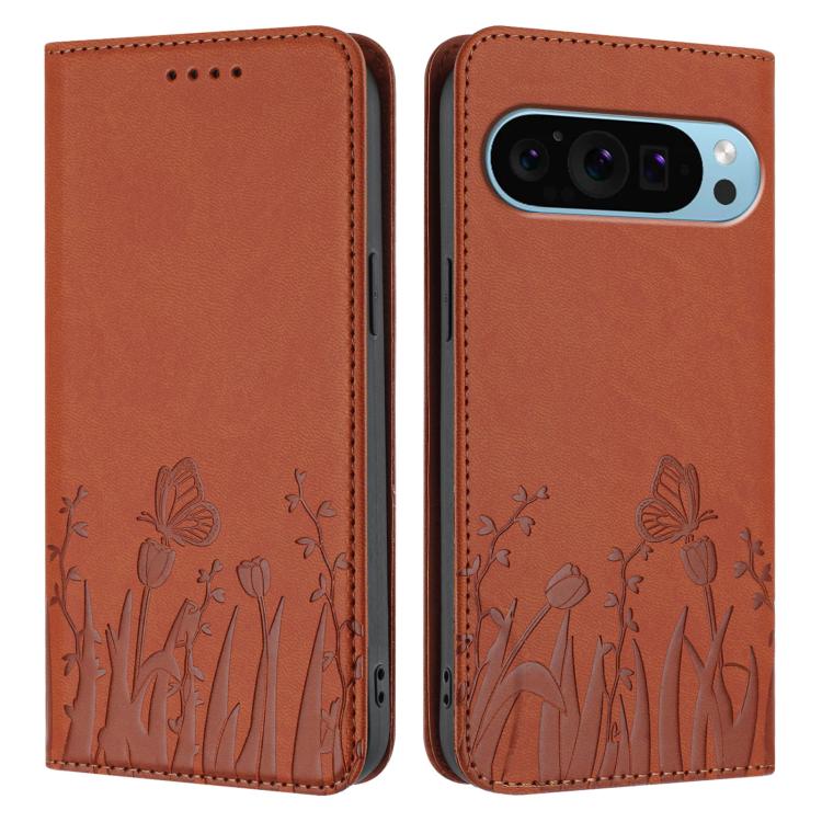 For Google Pixel 9 Pro XL Tulips Butterfly Pattern Magnetic Vegan Leather Phone Case