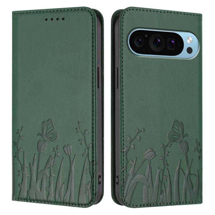 For Google Pixel 9 Pro XL Tulips Butterfly Pattern Magnetic Vegan Leather Phone Case