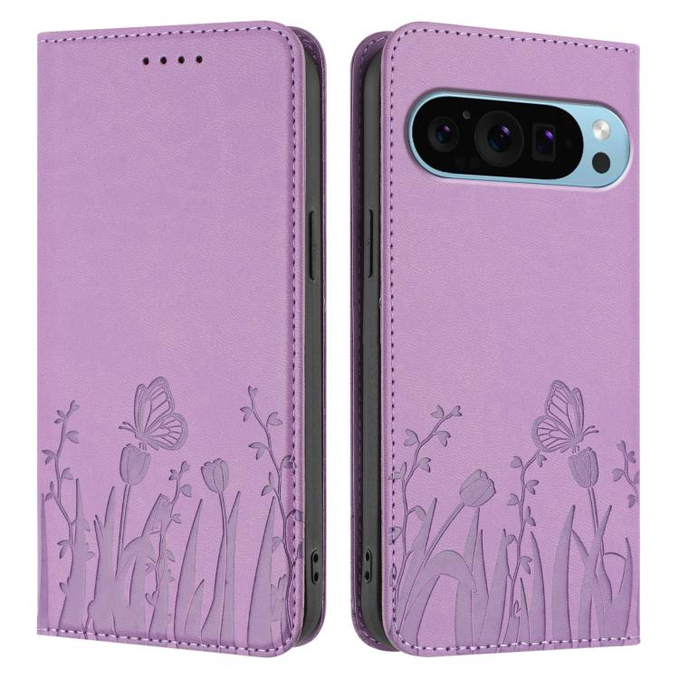 For Google Pixel 9 Pro XL Tulips Butterfly Pattern Magnetic Vegan Leather Phone Case