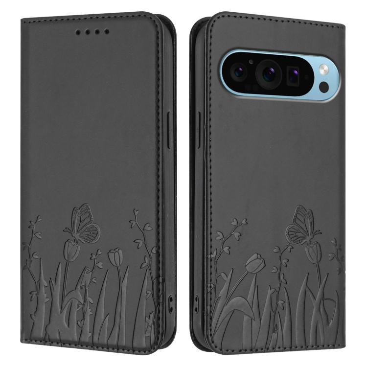 For Google Pixel 9 Pro XL Tulips Butterfly Pattern Magnetic Vegan Leather Phone Case