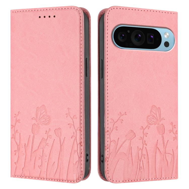 For Google Pixel 9 Pro XL Tulips Butterfly Pattern Magnetic Vegan Leather Phone Case