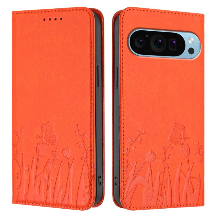 For Google Pixel 9 Pro XL Tulips Butterfly Pattern Magnetic Vegan Leather Phone Case