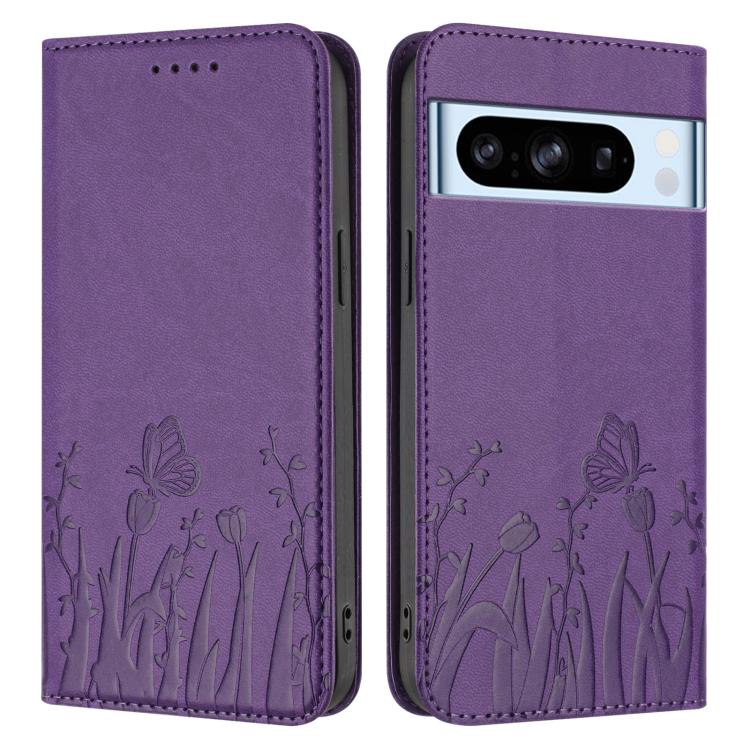For Google Pixel 8 Pro Tulips Butterfly Pattern Magnetic Vegan Leather Phone Case