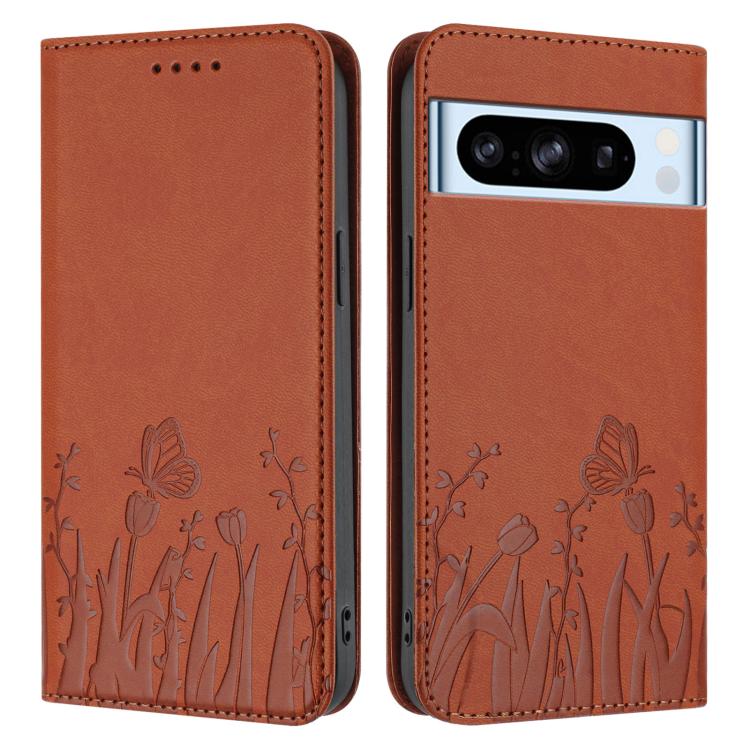 For Google Pixel 8 Pro Tulips Butterfly Pattern Magnetic Vegan Leather Phone Case