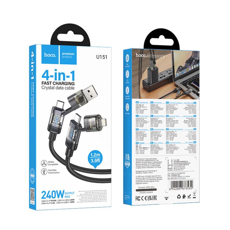 hoco U151 240W 4 in 1 USB and Type-C to Type-C and 8 Pin Charging Cable,Length: 1.2m