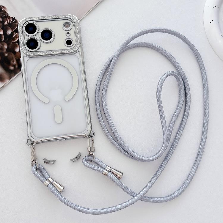 For iPhone 17 Rhinestone Clear Acrylic Electroplated Magnetic Phone Case with Neck Lanyard