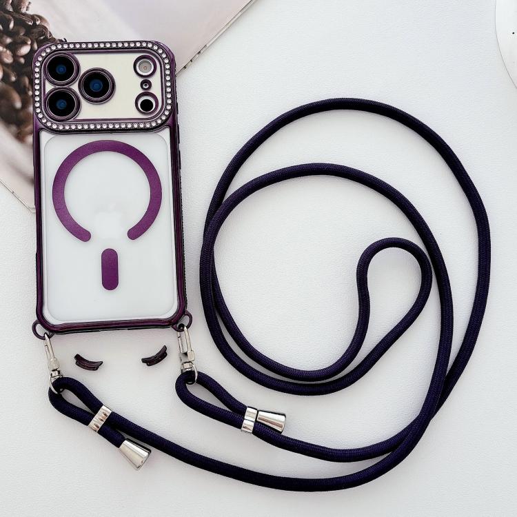 For iPhone 17 Rhinestone Clear Acrylic Electroplated Magnetic Phone Case with Neck Lanyard