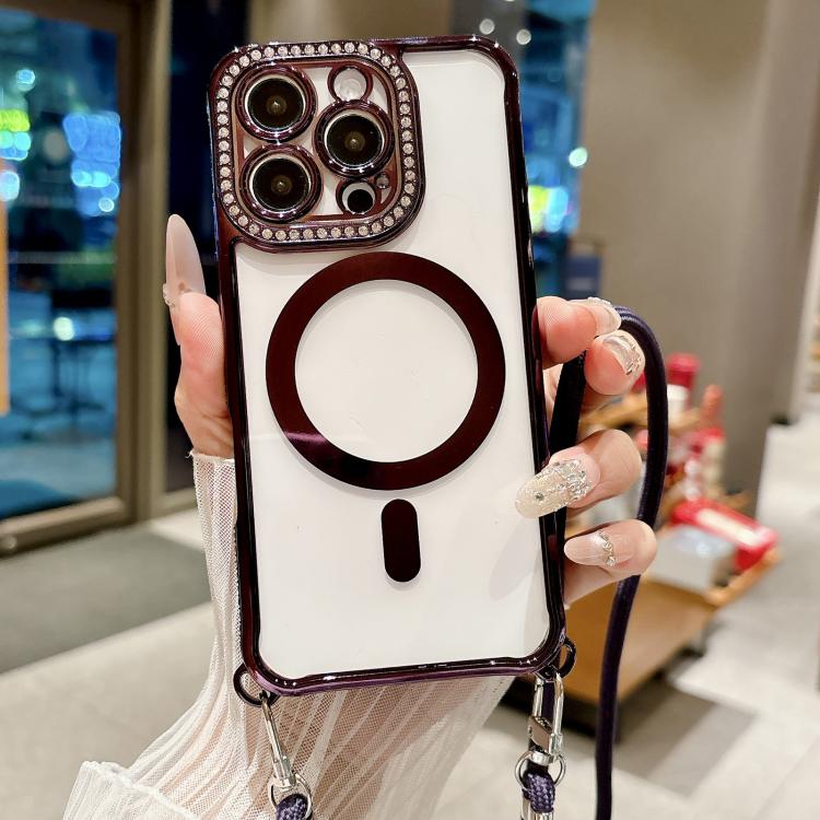 For iPhone 16 Pro Max Rhinestone Clear Acrylic Electroplated Magnetic Phone Case with Neck Lanyard