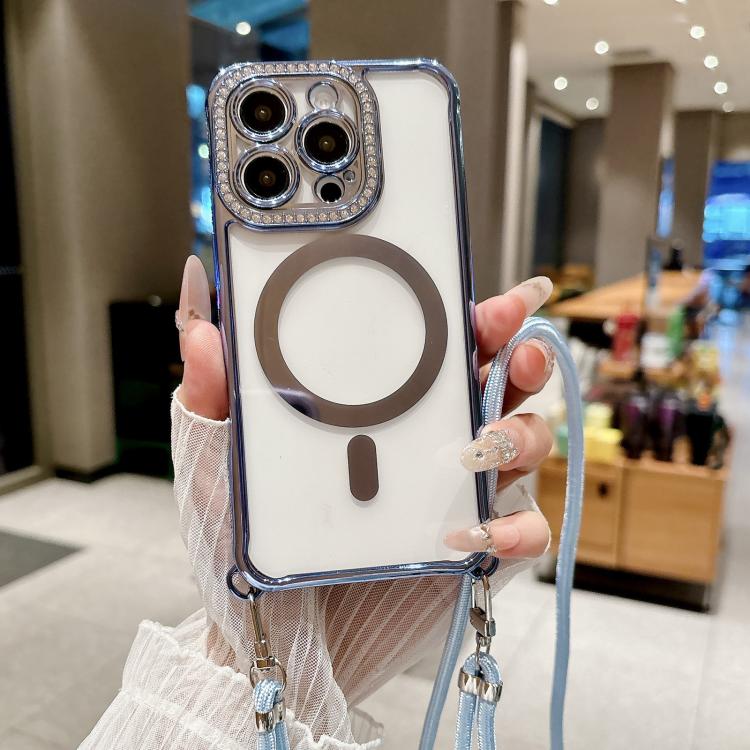 For iPhone 16 Pro Rhinestone Clear Acrylic Electroplated Magnetic Phone Case with Neck Lanyard