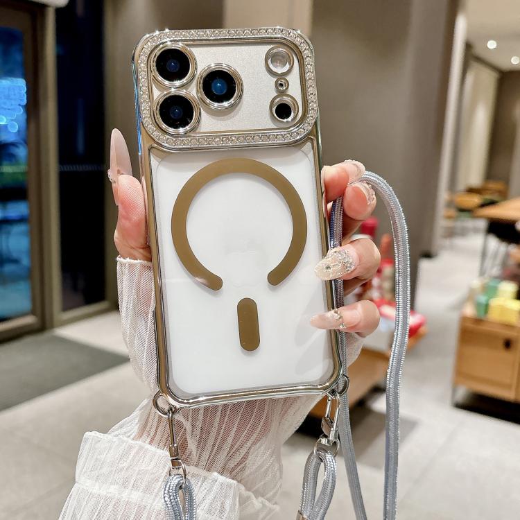 For iPhone 16 Plus Rhinestone Clear Acrylic Electroplated Magnetic Phone Case with Neck Lanyard