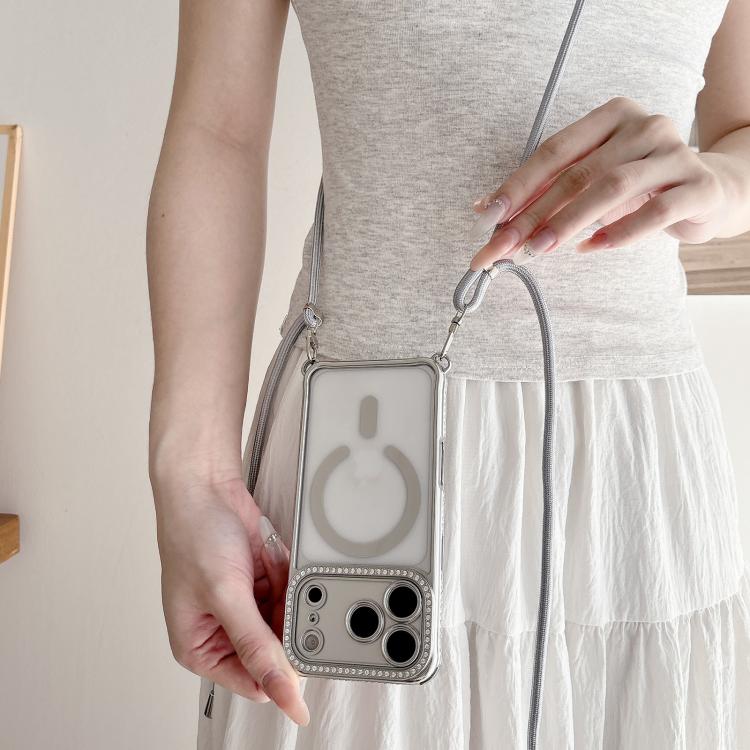 For iPhone 16 Plus Rhinestone Clear Acrylic Electroplated Magnetic Phone Case with Neck Lanyard