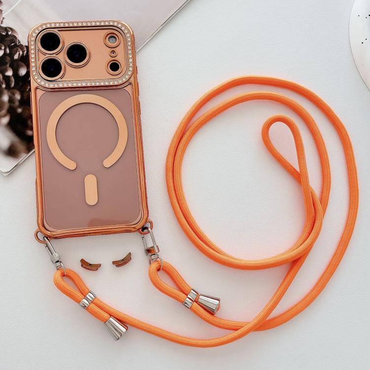 For iPhone 16 Plus Rhinestone Clear Acrylic Electroplated Magnetic Phone Case with Neck Lanyard