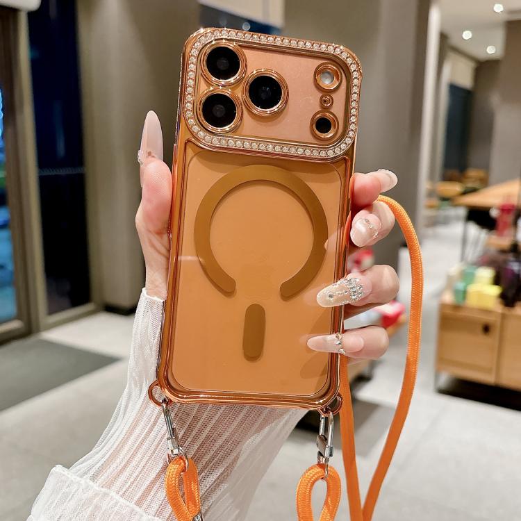 For iPhone 16 Plus Rhinestone Clear Acrylic Electroplated Magnetic Phone Case with Neck Lanyard