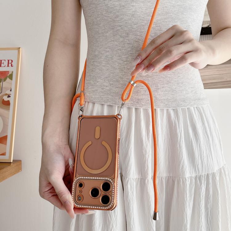 For iPhone 16 Plus Rhinestone Clear Acrylic Electroplated Magnetic Phone Case with Neck Lanyard