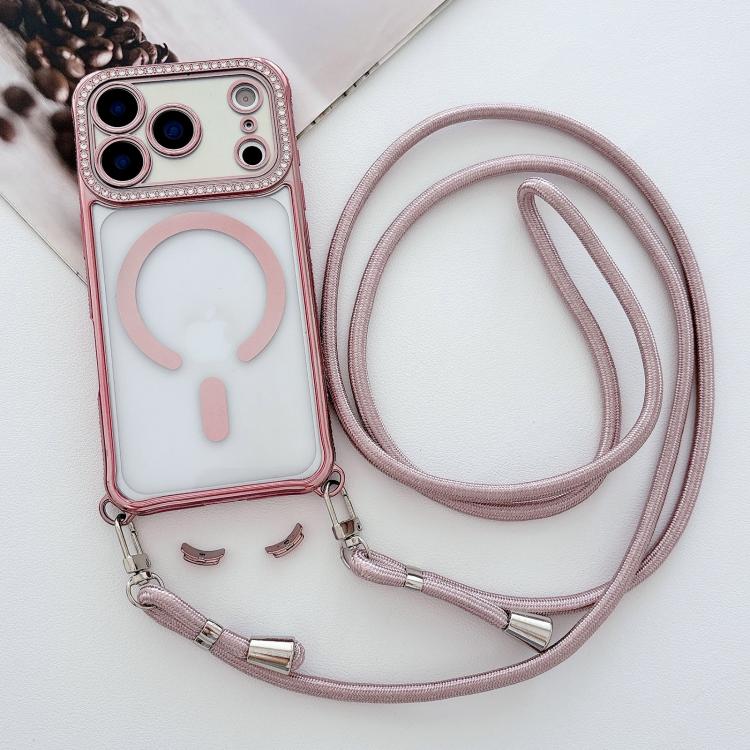 For iPhone 16 Plus Rhinestone Clear Acrylic Electroplated Magnetic Phone Case with Neck Lanyard