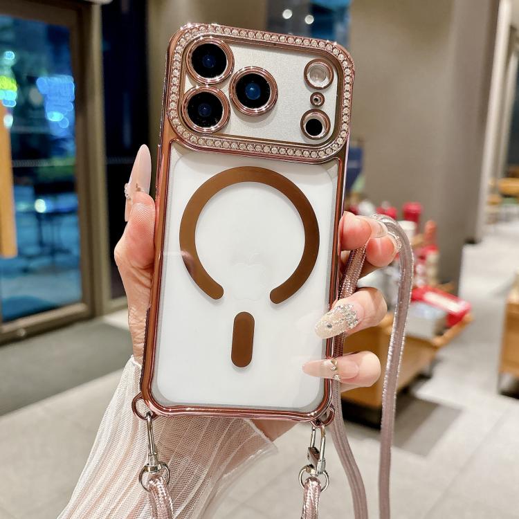 For iPhone 16 Plus Rhinestone Clear Acrylic Electroplated Magnetic Phone Case with Neck Lanyard