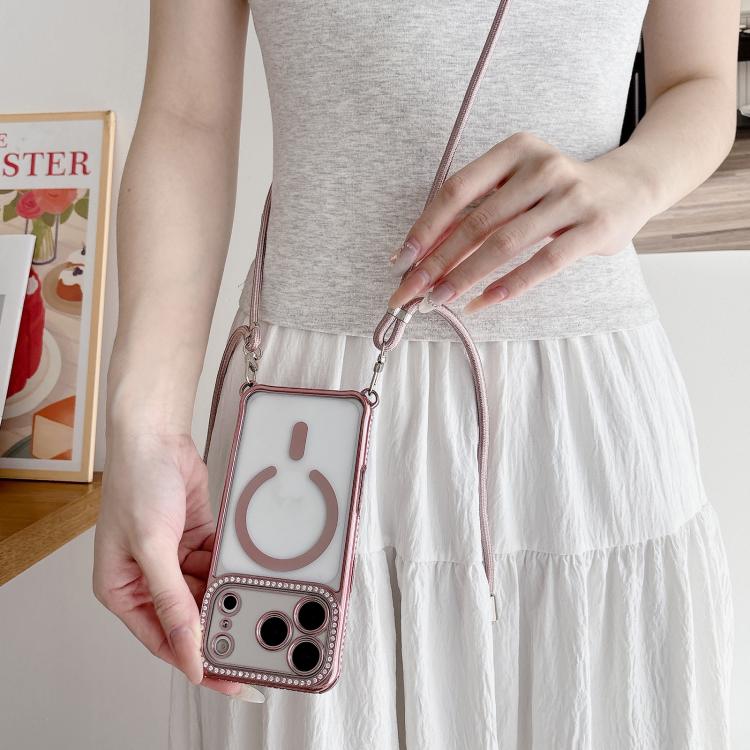 For iPhone 16 Plus Rhinestone Clear Acrylic Electroplated Magnetic Phone Case with Neck Lanyard